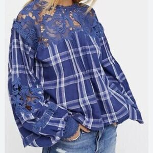 Free People Blue Flannel Long Sleeve Top M